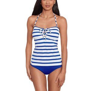 NWT LAUREN Ralph Lauren Port Stripe Lace Front Bandini Top Size 8-14 $120 LLL130